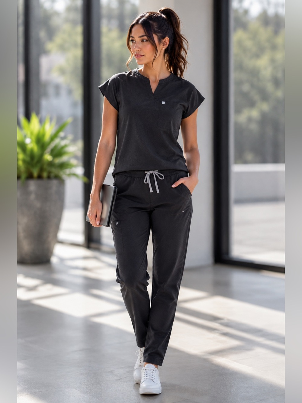 Fabletics Scrubs Womens M Black 2 Piece Scrub Set Top Cargo Pants Medical